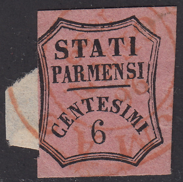 PV1198- 1857 - Segnatasse per giornali, c. 6 rosa usato con annullo rosso di PARMA (1).