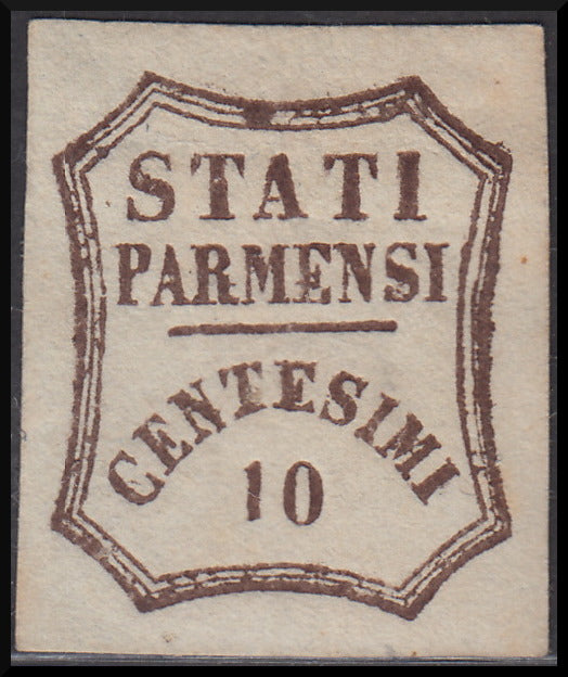 GPP7 - 1859 - Stati Parmensi e valore in un ottagono a linee curve, c. 10 bruno nuovo con gomma originale, (14).