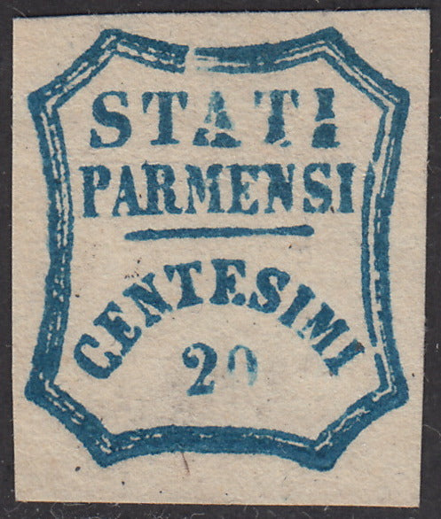 GPP25 - 1859 - Stati Parmensi e valore in un ottagono a linee curve, c. 20 azzurro scuro con difetto di clichet "D" nuovo senza gomma, (15e).