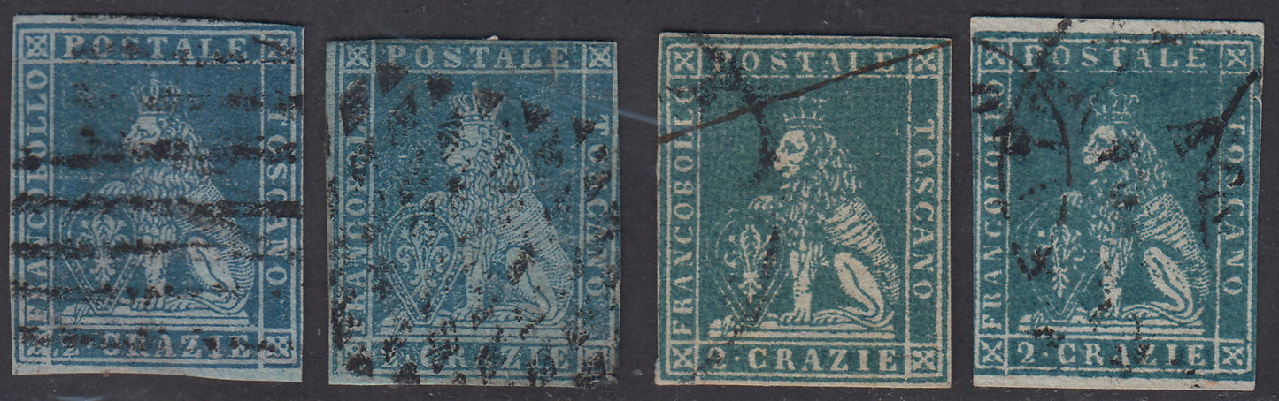 PV1598 - 1851 - Leone di Marzocco, Lotto comprendente quattro colori del 2 crazie filigrana corona, di cui tre su carta azzurra (5a, 5b, 5c, 5f).