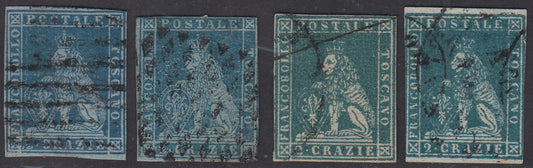 PPP449 - 1851 Leone di Marzocco, 2 light blue crazie on gray paper and crown watermark, used (5d)