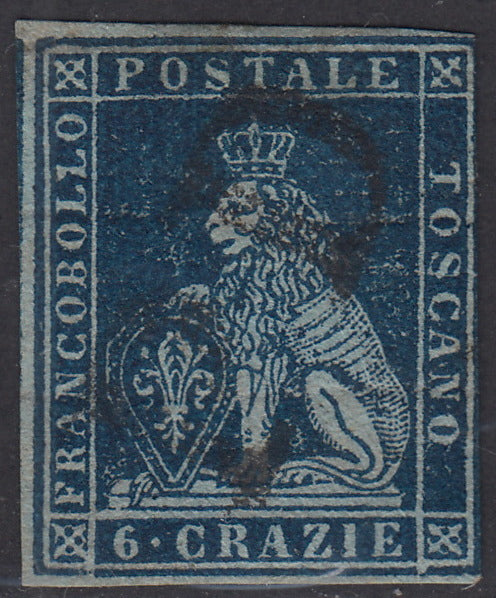 PPP449 - 1851 Leone di Marzocco, 2 light blue crazie on gray paper and crown watermark, used (5d)