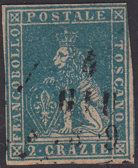 PPP449 - 1851 Leone di Marzocco, 2 light blue crazie on gray paper and crown watermark, used (5d)