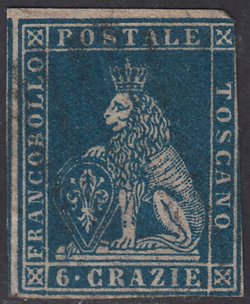 PPP449 - 1851 Leone di Marzocco, 2 light blue crazie on gray paper and crown watermark, used (5d)