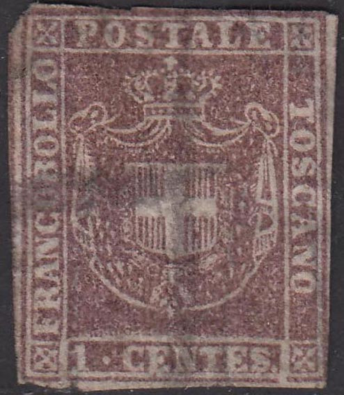 EC6_25 - 1860 - Scudo di Savoia sormontato da Corona Reale su carta bianca e filigrana linee ondulate, 1 c. lilla usato, (17a).