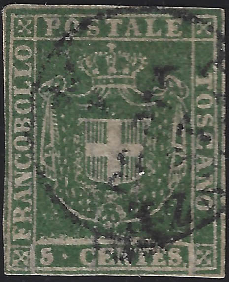 E7_112 - 1860 - Scudo di Savoia sormontato da Corona Reale su carta bianca e filigrana linee ondulate,, 5c. Verde giallastro usato (18c).