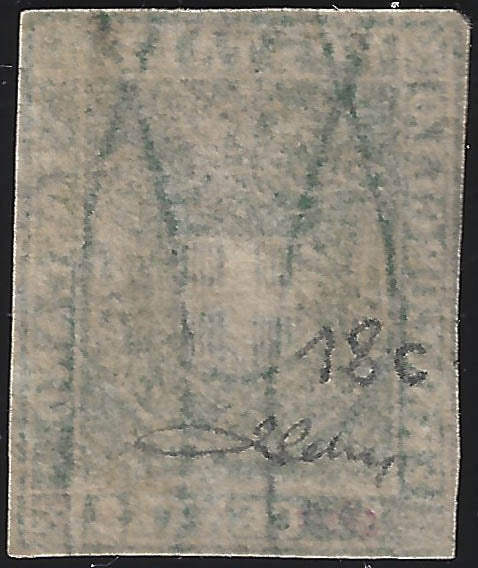 E7_112 - 1860 - Scudo di Savoia sormontato da Corona Reale su carta bianca e filigrana linee ondulate,, 5c. Verde giallastro usato (18c).