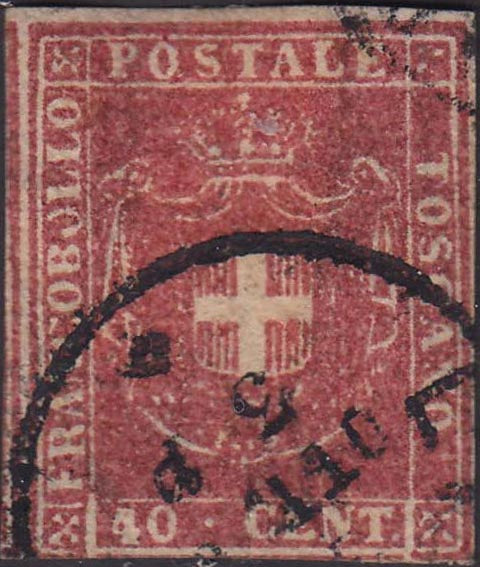 EC6_10 - 1860 - Scudo di Savoia sormontato da Corona Reale su carta bianca e filigrana linee ondulate, 40c. carminio usato (21).