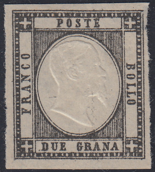 PN139 - 1861 - Prova in nero del 2 grana su carta bianca non gommata, posizione n. 9 del blocco - riporto di 10 esemplari, con effigie postuma come quasi sempre su queste prove (cat. Cardillo n. P5).