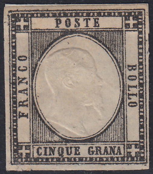 PN154 - 1861 - Prova in nero del 5 grana su carta bianca non gommata, posizione n. 1 del blocco - riporto di 10 esemplari, con effigie postuma come quasi sempre su queste prove (cat. Cardillo n. P6).