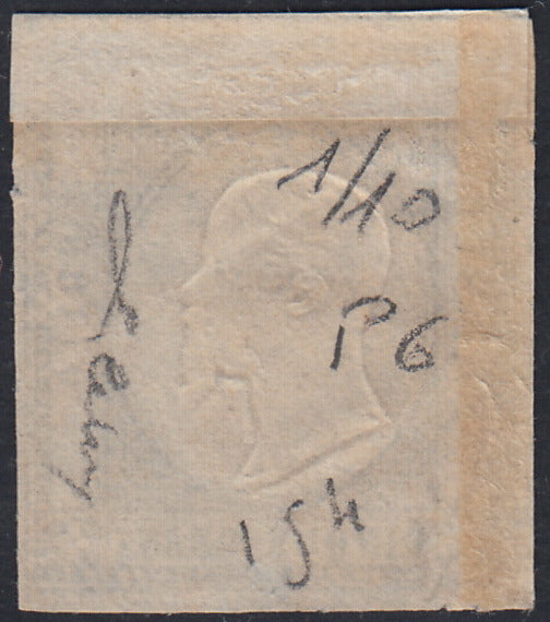 PN154 - 1861 - Prova in nero del 5 grana su carta bianca non gommata, posizione n. 1 del blocco - riporto di 10 esemplari, con effigie postuma come quasi sempre su queste prove (cat. Cardillo n. P6).