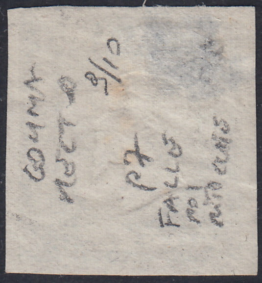 PN158 - 1861 - Prova in nero del 20 grana su carta bianca gommata al recto, posizione n. 9 del blocco - riporto di 10 esemplari, con effigie postuma come quasi sempre su queste prove, diverse falle di stampa e assottigliamento. (cat. Cardillo n. P7).