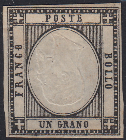 PN112 - 1861 - Prova in nero da 1 grano su carta bianca non gommata con effigie postuma (capovolta) come quasi sempre su queste prove (cat. Cardillo n. P10).