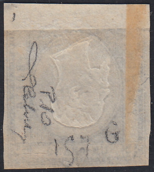 PN112 - 1861 - Prova in nero da 1 grano su carta bianca non gommata con effigie postuma (capovolta) come quasi sempre su queste prove (cat. Cardillo n. P10).