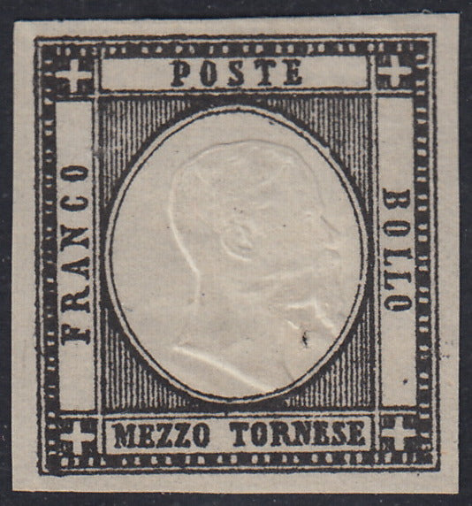 PN170 - 1861 - Prova in nero da 1/2 tornese su carta bianca non gommata con effigie postuma come quasi sempre su queste prove (cat. Cardillo n. P11).