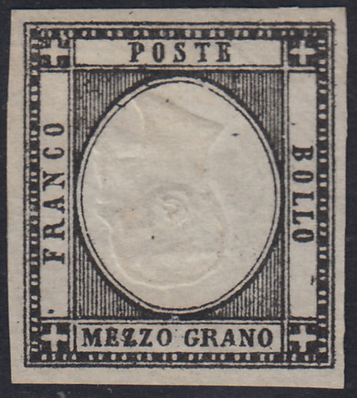 PN168 - 1861 - Prova in nero intenso del 1/2 grano su carta bianca non gommata, posizione n. 5 del blocco - riporto di 5 esemplari, con effigie postuma (capovolta) come quasi sempre su queste prove (cat. Cardillo n. P15).