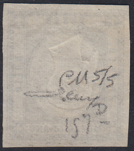 PN168 - 1861 - Prova in nero intenso del 1/2 grano su carta bianca non gommata, posizione n. 5 del blocco - riporto di 5 esemplari, con effigie postuma (capovolta) come quasi sempre su queste prove (cat. Cardillo n. P15).