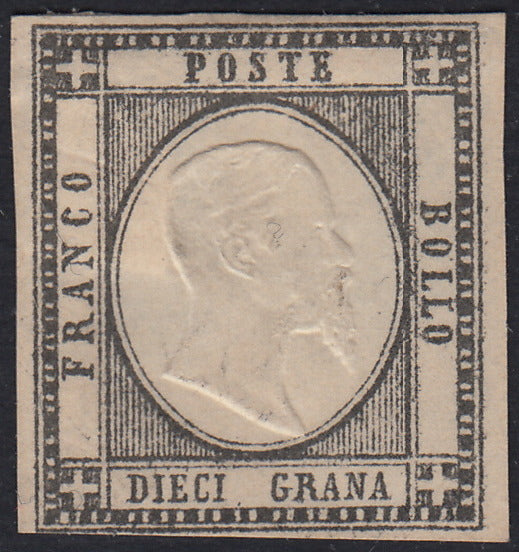 PN120 - 1861 - Prova in grigio nero del 10 grana su carta bianca non gommata, con effigie postuma come quasi sempre su queste prove (cat. Cardillo n. P16a).