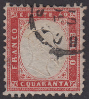 1862 - Efigie de Vittorio Emanuele II mirando hacia la derecha, c. 80 amarillo anaranjado oscuro perforado con peine, usado (4b)