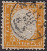 1862 - Efigie de Vittorio Emanuele II mirando hacia la derecha, c. 80 amarillo anaranjado oscuro perforado con peine, usado (4b)