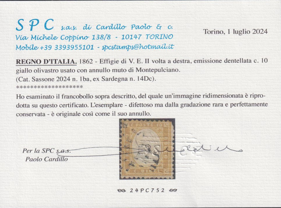 1862 - Efigie de Vittorio Emanuele II mirando hacia la derecha, c. 80 amarillo anaranjado oscuro perforado con peine, usado (4b)