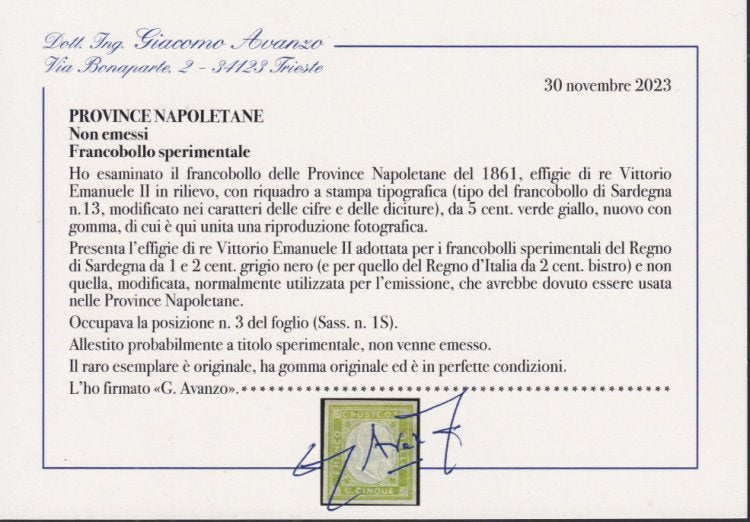 E7_133 - 1861 - Effigie di Vittorio Emanuele II volta a destra, c. 5 verde giallo, tipo del n. 13 di Sardegna con diciture modificate per le Province Napoletane e con effigie sovrana tipo Sardegna impressa per errore, (1S, pos. 3).