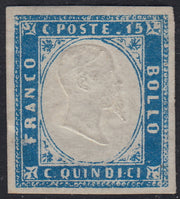 VEII78 - 1863 - Effigie di Vittorio Emanuele II volta a destra, c 15 celeste latteo nuovo con piena gomma originale. (11d).