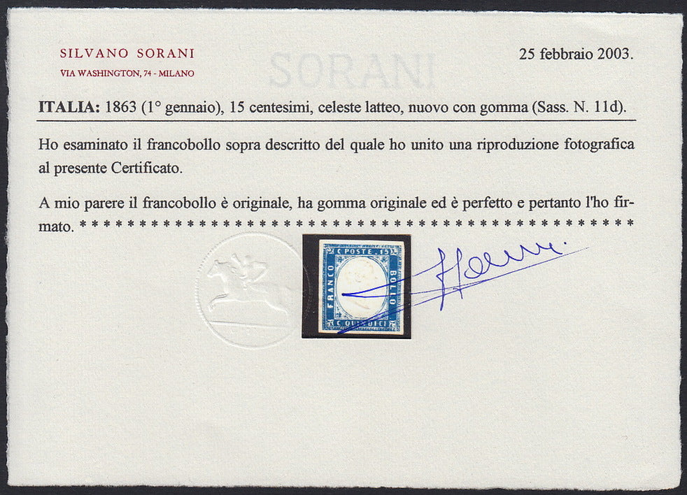 VEII78 - 1863 - Effigie di Vittorio Emanuele II volta a destra, c 15 celeste latteo nuovo con piena gomma originale. (11d).