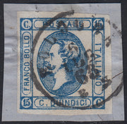VEII29 - 1863 - Litografico provvisorio del II tipo, c. 15 azzurro con doppia stampa, parziale come sempre ma evidente nel cartiglio inferiore, usato (13e).