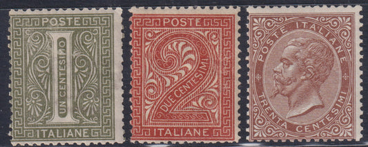 E7_142 - 1863 - Emissione De La Rue, tre esemplari nuovi con gomma integra, tra cui un c. 30 bruno scuro (14, 15, 19).