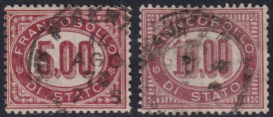 F21_44 - 1875 - Francobolli di Servizio, L. 5 lacca e L. 10 lacca usati con annulli originali. (7, 8).