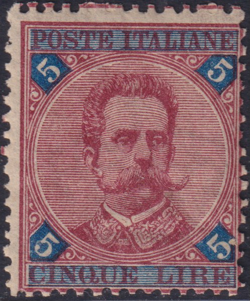 F32_137 - 1891/96 - Effigie di Umberto I, L. 5 carminio e azzurro nuovo con gomma integra (64).