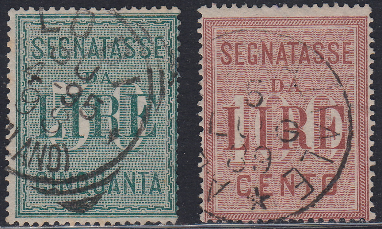 UMB4 - 1884 - Segnatasse, cifre in bianco e diciture in colore su fondo decorato, L. 50 verde + L. 100 rosa carminio usati (15, 16).