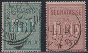 UMB4 - 1884 - Steuermarken, weiße Ziffern und farbige Aufschriften auf dekoriertem Hintergrund, L. 50 grün + L. 100 karminrosa, gebraucht (15, 16).