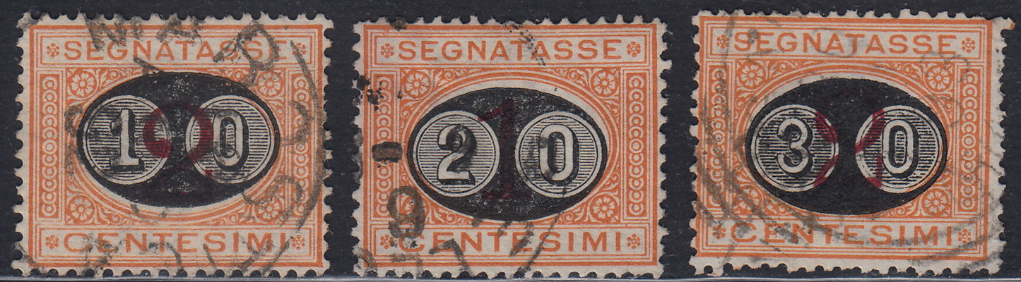 UMB8 - 1890/91 - Segnatasse del 1870 con soprastampa in ovale nero e nuvo valore, "mascherine"; serie completa dei tre valori usata (17/19).