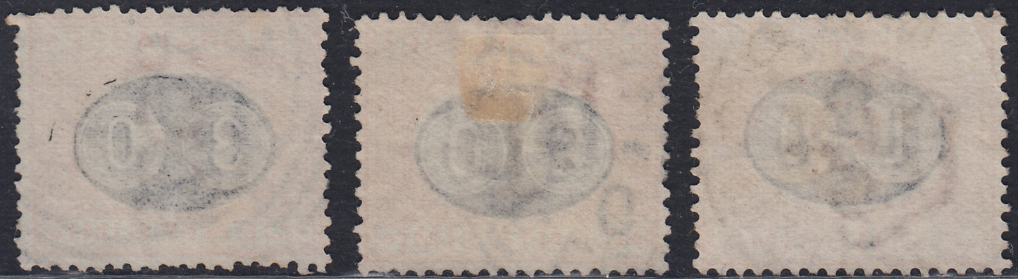 UMB8 - 1890/91 - Segnatasse del 1870 con soprastampa in ovale nero e nuvo valore, "mascherine"; serie completa dei tre valori usata (17/19).