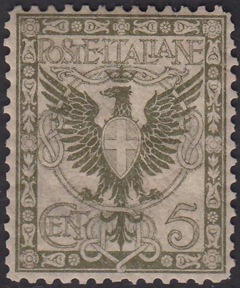 1901 - Floreale, colori diversi, c. 5 verde oliva nuovo con gomma integra e ottimamente centrato, rarissimo. (70E).