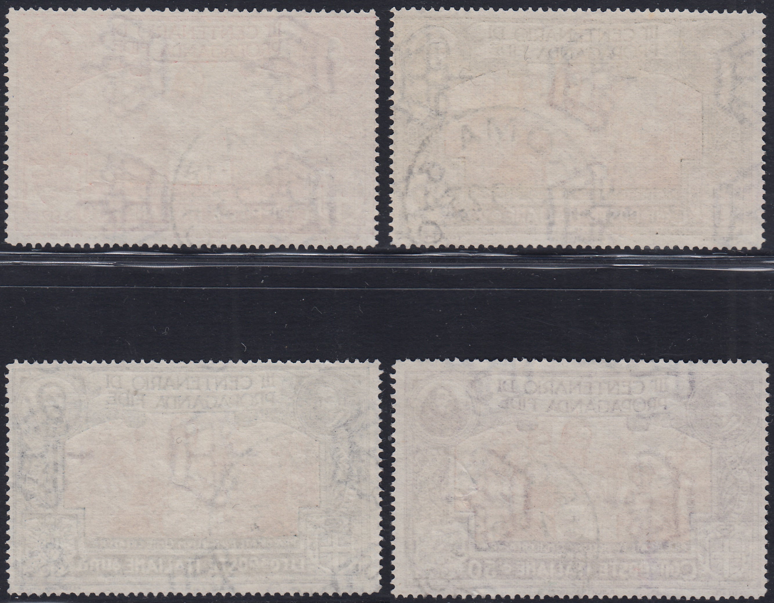 1930 – Virgilio, Ten cuttings of an advertising poster on thick cardboard with a perforated impression printed in black in the outline and diagonally the wording SAGGIO in block capitals.