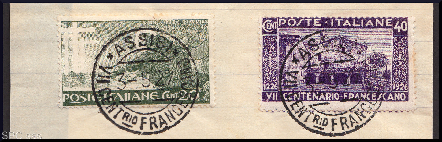 ES490 - 1926 - San Francesco, serie completa nelle dentellature più comuni e con il c. 60 carminio ripetuto su carta da letera non inoltrata, annulli tutti originali (192/197).