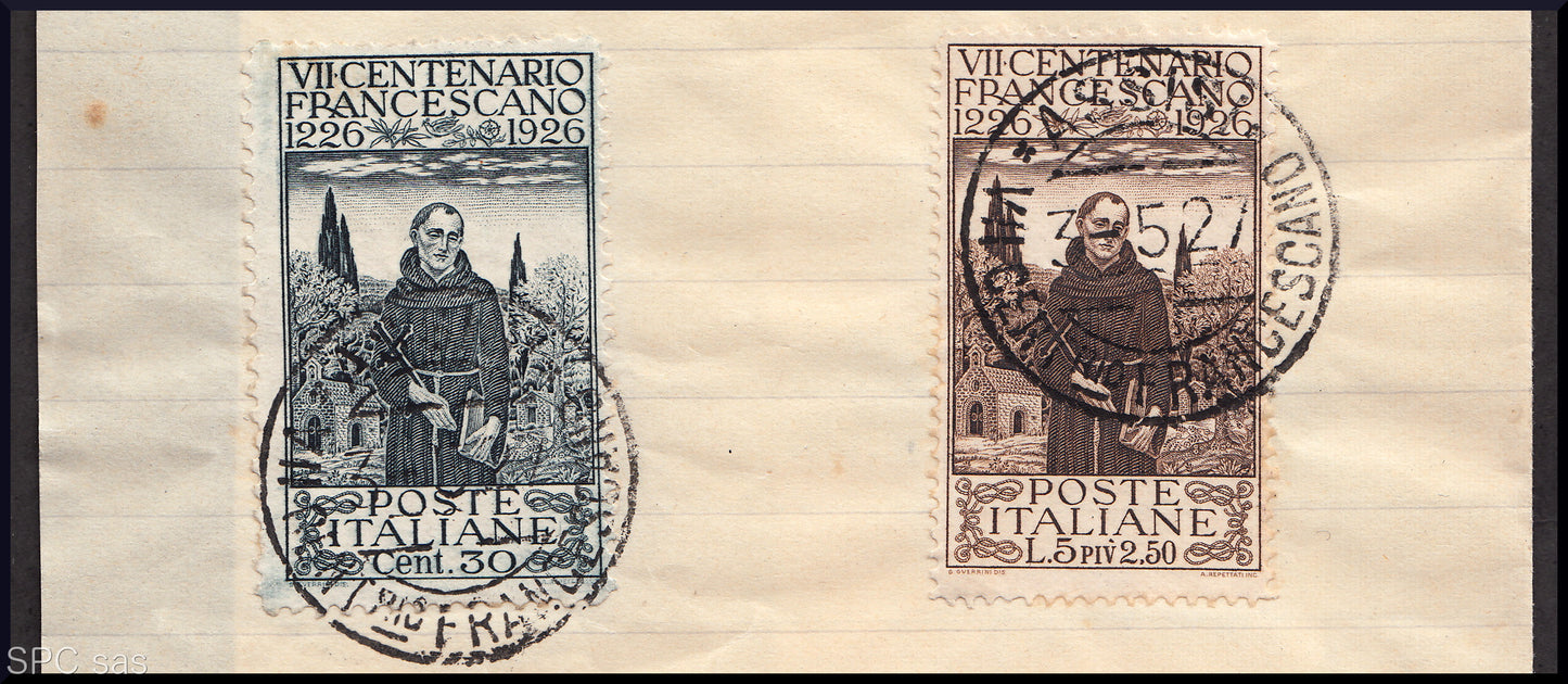 ES490 - 1926 - San Francesco, serie completa nelle dentellature più comuni e con il c. 60 carminio ripetuto su carta da letera non inoltrata, annulli tutti originali (192/197).