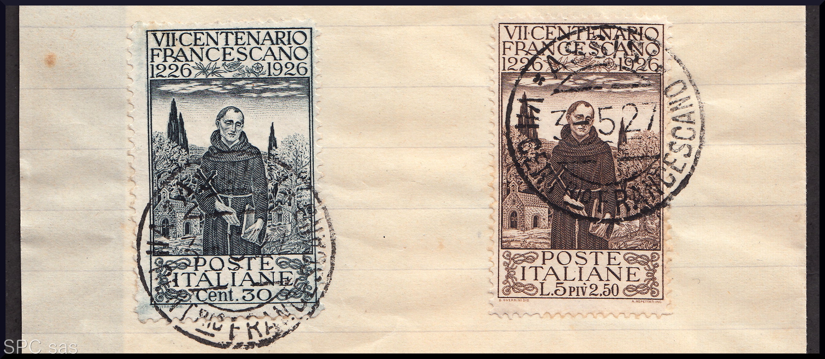 1930 – Virgilio, Diez recortes de un cartel publicitario sobre cartón grueso con una impresión perforada impresa en negro en el contorno y en diagonal la inscripción SAGGIO en mayúsculas.