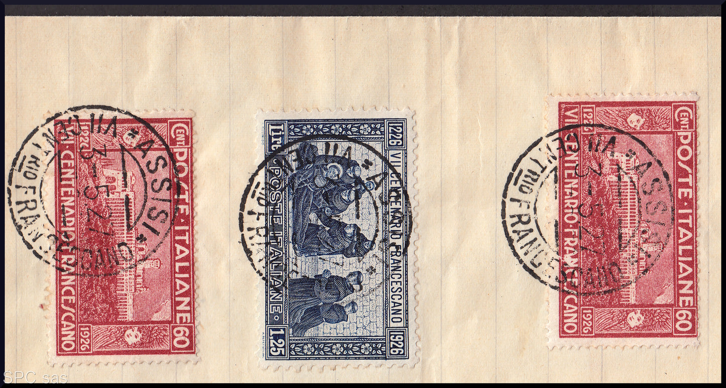 ES490 - 1926 - San Francesco, serie completa nelle dentellature più comuni e con il c. 60 carminio ripetuto su carta da letera non inoltrata, annulli tutti originali (192/197).