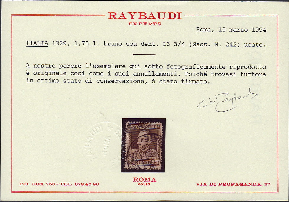 E7_176 - 1929 - Effigie di Vittorio Emanuele III, tipo Parmeggiani, dentellatura 13 3/4 usato (242).