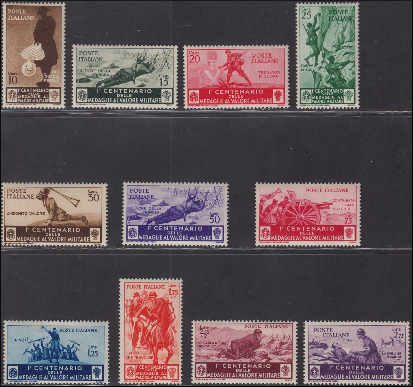 PPP313 - 1934 - Centenario dell'istituzione delle Medaglie al Valor Militare, serie completa di Posta Ordinaria + Posta Aerea nuova con gomma originale e traccia di linguella (366/376 + A74/A82).