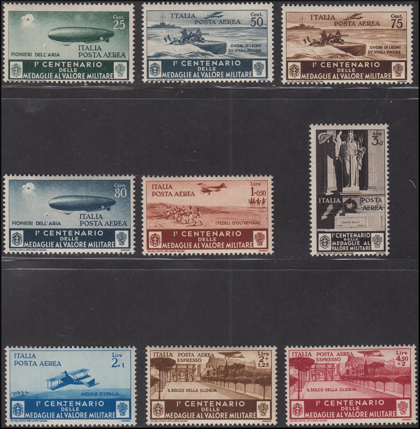 PPP313 - 1934 - Centenario dell'istituzione delle Medaglie al Valor Militare, serie completa di Posta Ordinaria + Posta Aerea nuova con gomma originale e traccia di linguella (366/376 + A74/A82).