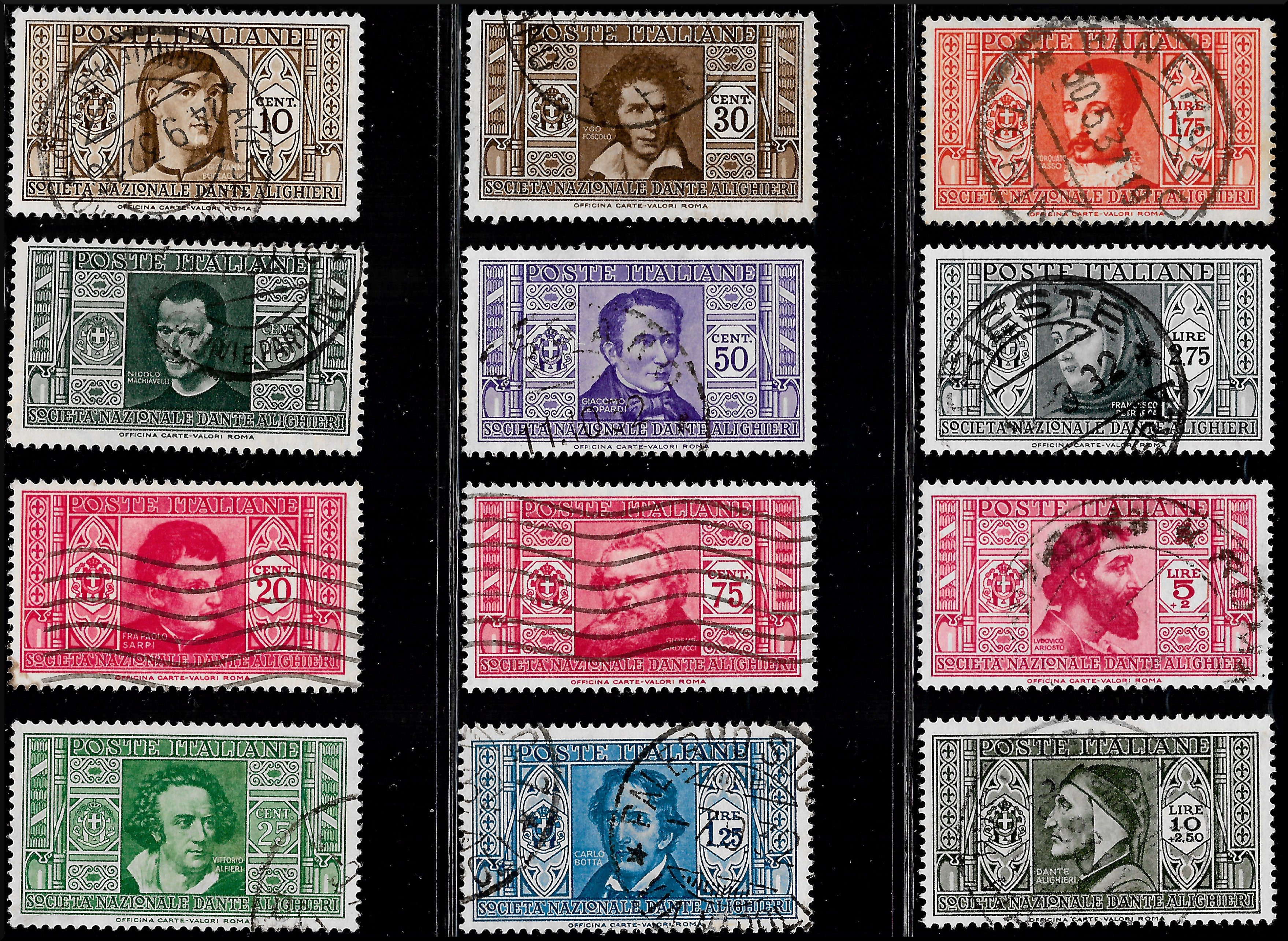 1930 – Virgilio, Diez recortes de un cartel publicitario sobre cartón grueso con una impresión perforada impresa en negro en el contorno y en diagonal la inscripción SAGGIO en mayúsculas.