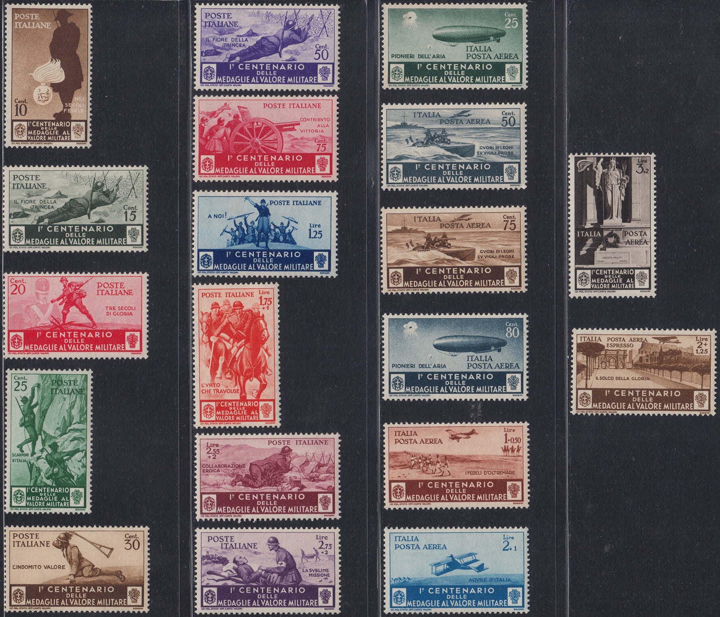 RN262 - 1934 - Centenario dell'istituzione delle Medaglie al Valor Militare, serie completa di Posta Ordinaria + Posta Aerea nuova con gomma integra (366/376 + A74/A82).