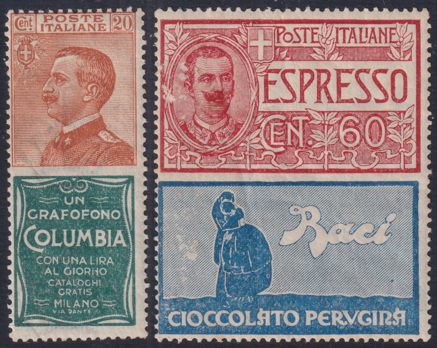 E7_189 - 1924/25 - Pubblicitari, i due valori non emessi, c. 30 arancio brunastro e verde "Columbia" e Espresso c. 60 rosso e azzurro "Baci Perugina" nuovi con gomma integra (20, 21).