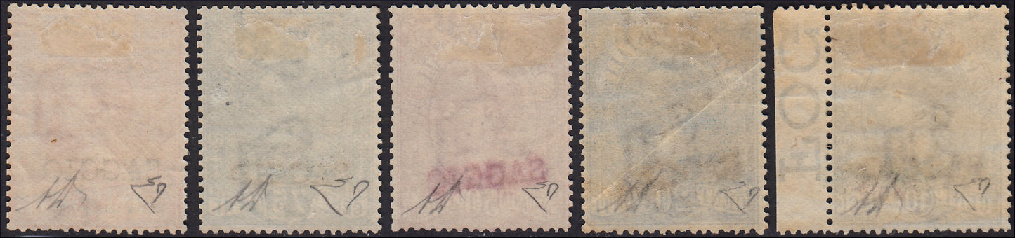 PP1055 - 1884/6 - Pacchi Postali, set di cinque esemplari con soprastampa SAGGIO, unica serie nota nuova con gomma originale, un valore con piega. (1/5 saggio).