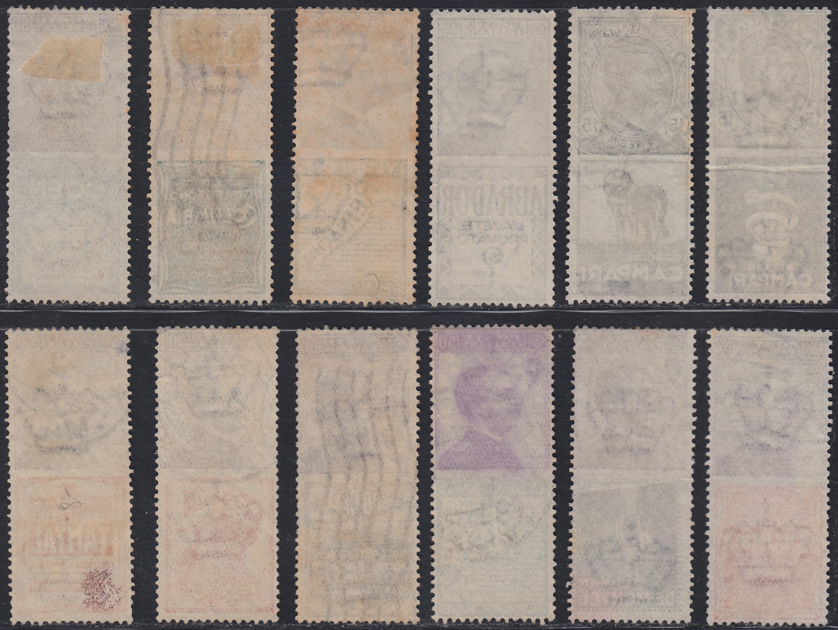 1930 – Virgilio, Ten cuttings of an advertising poster on thick cardboard with a perforated impression printed in black in the outline and diagonally the wording SAGGIO in block capitals.